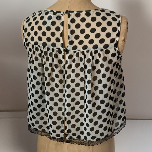 🍀 $10 3/$25! American Rag silky poly georgette sheer polka dot lace top S - Picture 4 of 8